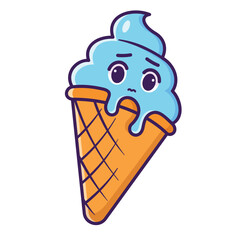 Digital illustration of a cute cartoon sad blue icecream cone isolated on a white background