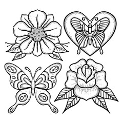 Collection set flower and butterfly Illustration hand drawn sketch for tattoo, stickers, logo, etc