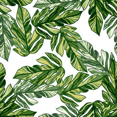 Creative tropical leaves seamless pattern in sketch style. Palm leaf endless floral background.
