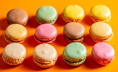 Close-up of macarons cakes of different colors .Culinary and cooking concept. Tasty colorful macaroons.