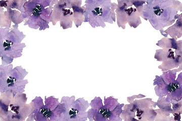 Fototapeta na wymiar Watercolor purple flowers clipart. Floral clip art. Handmade illustration for greeting cards, wallpaper, stationery, fabric, wedding card. Flower frame.