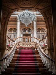 Fototapeta na wymiar Vertical symmetrical shot of a palace's staircase with luxury decoration
