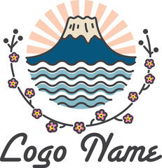 logo design in Japanese style with Fuji mount in a morning with ocean wave and round shape sakura ornament