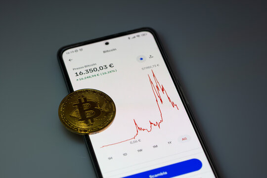 Bitcoin chart trends on Smartphone app with bitcoin gold coin on empty space. Cryptocurrency concept