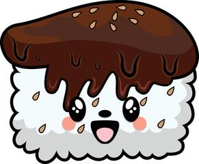 Cartoon-style sushi with soy sauce isolated on a white background.