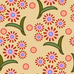 Seamless pattern of abstract flowers and circles on a yellow background for textile.