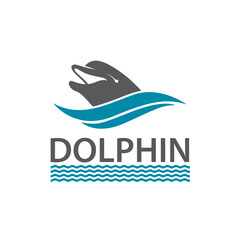 emblem of dolphin and sea waves isolated on white background