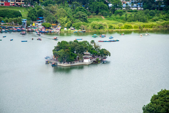 Phewa Lake in Pokhara Nepal and Tal Barahi Temple on an Island