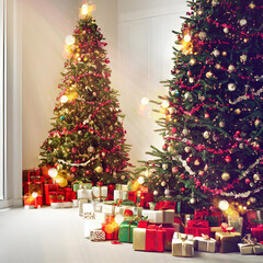 Magical Living room with christmas tree and gift boxes under, 