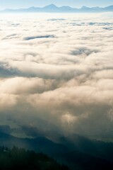 Vertical aerial shot of mesmerizing cumulative clouds over a foggy forest, mountains on the horizon