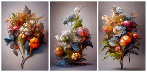 Bouquets of dried flowers. Artistic compositions for printing and interior design. Set of three images.