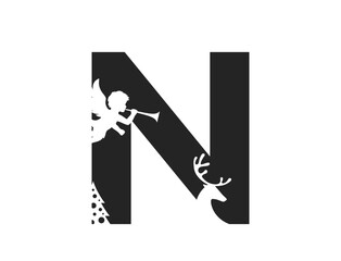 letter n with angel, deer and christmas tree. initial letter for Christmas and New Year design. isolated vector image