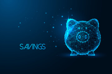 Piggy bank in futuristic glowing low polygonal style on dark blue background. Money savings concept