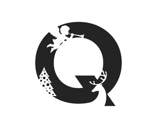 Fototapeta premium letter q with angel, deer and christmas tree. creative element for Christmas and New Year design. isolated vector image