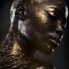 Beautiful woman closeup portrait with golden paint, golden details and sparkles, dark background