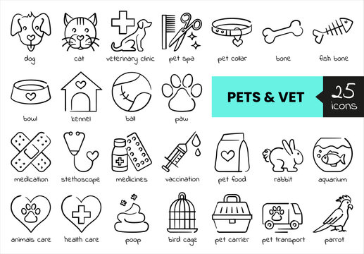 Pets and vet set of creative hand drawn icons - dog, cat, veterinary clinic, animals care, health care