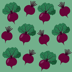 Seamless vegetable pattern. Set of beetroot with green leaves on green background. 
