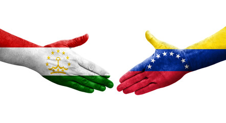 Handshake between Tajikistan and Venezuela flags painted on hands, isolated transparent image.