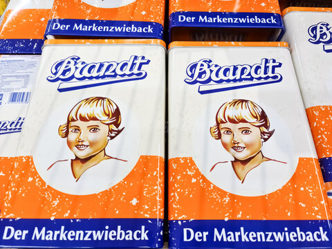 Kiel, Germany - 09. November 2022: Several bags of Brandt rusks on a supermarket shelf.