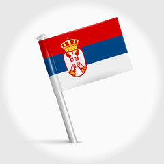 Serbia map pin flag icon. Serbian pennant map marker on a metal needle. 3D realistic vector illustration.