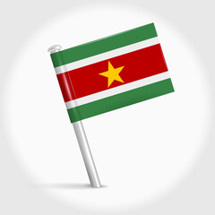 Suriname map pin flag icon. Surinamese pennant map marker on a metal needle. 3D realistic vector illustration.