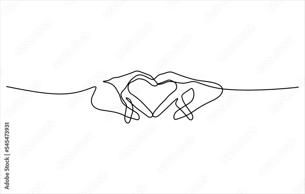 Wall mural two hands and heart shape sign in continuous line drawing minimalism