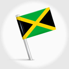 Jamaica map pin flag icon. Jamaican pennant map marker on a metal needle. 3D realistic vector illustration.