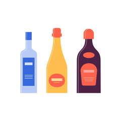 Bottle of vodka, champagne, liquor great design for any purposes. Icon bottle with cap and label. Flat style. Color form. Party drink concept. Simple image shape