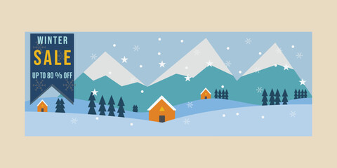winter sale mountain cabin vintage poster, snow background illustration design
