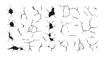 Cracks and holes. Wall surface damage ground collapse earthquake geology destruction ruined texture failure crash split hollow effect. Vector isolated set of ground destruction illustration