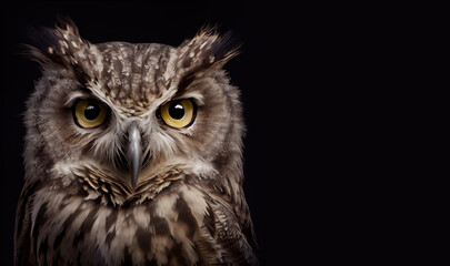 Cute wild owl  on black background, space for text. Portrait of a owl.  Digital art