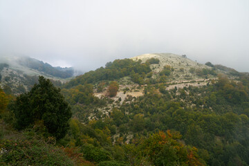 Monte Semprevisa on a foggy autumn day, Monti Lepini Natural Regional Park, Italy
