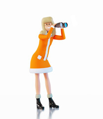 Happy office worker, young woman with binoculars. 3D rendering illustration 