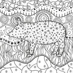 Ornate square wallpaper with pig. Hand drawn waved ornaments on white. Abstract patterns on isolated background. Design for spiritual relaxation for adults. Line art. Black and white illustration