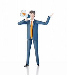 Fototapeta premium Successful, confident businessman with megaphone. Happy office workers 3D rendering illustration 