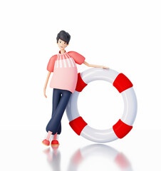 Young office worker, IT support team with Lifebuoy . Happy office workers 3D rendering illustration 