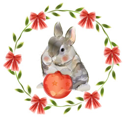 Watercolor drawing of a rabbit symbol of the new year 2023. Includes a rabbit with a New Year's ball, a wreath around a rabbit with bows.
