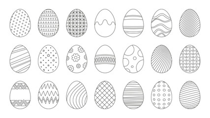 Easter eggs line icons. Black outline sketch doodle style for egghunting decoration, simple minimal decor for holiday greeting card. Vector set of easter outline doodle sketch illustration
