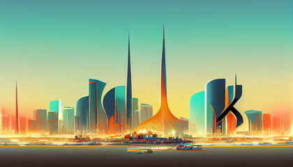 Kuwait city skyline on a turquoise backdrop depicting main building landmarks