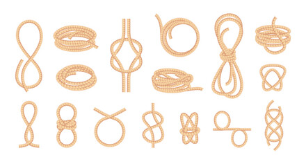 Knotted ropes. Looped bowknot twisted curve straight fiber thread, braided cord knot string tie elements cartoon flat style. Vector isolated collection of bowknot jute texture illustration © Frogella.stock