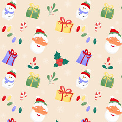 Christmas pattern with merry santa claus, gifts and snowman