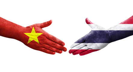 Handshake between Thailand and Vietnam flags painted on hands, isolated transparent image.