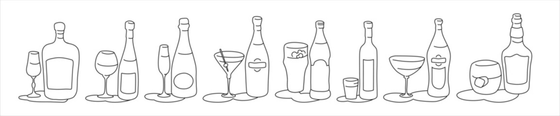Liquor wine champagne martini beer vodka vermouth whiskey bottle and glass outline icon on white background. Black white cartoon sketch graphic design. Doodle style. Hand drawn image. Party drinks