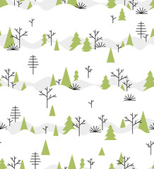 Vector Seamless Pattern with winter forest in snowfall. Modern hand drawn colorful illustration. Wrapping paper with Christmas tree.