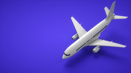 Realistic 3D rendering airplane. Aircraft on purple background, front view.