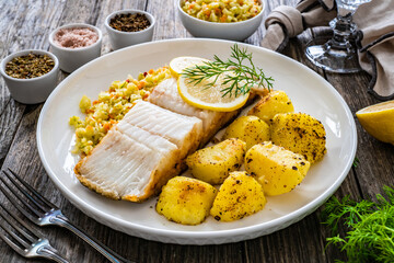 Fish dish - fried halibut with French fries and lemon on wooden table
