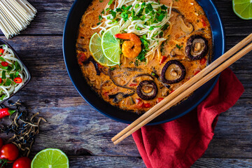 Tom Yum - Thai soup with prawn, shiitake mushrooms and noodles on wooden table
