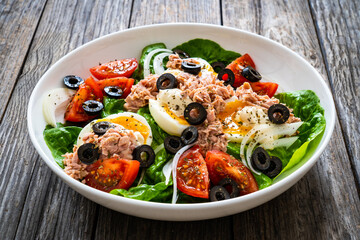 Nicoise salad - tuna, hard boiled eggs, greens, tomatoes and black olives