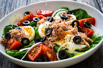 Nicoise salad - tuna, hard boiled eggs, greens, tomatoes and black olives