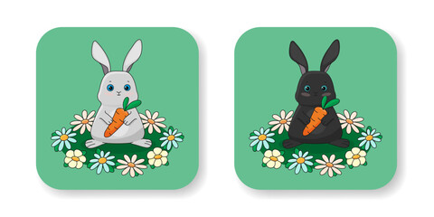A set of illustrations, an Easter bunny with a carrot in a field with flowers. Vector illustration